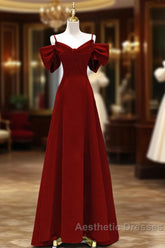 Wine Red Straps Sweetheart Long Formal Dresses, A-Line Wine Red Evening Prom Dresses